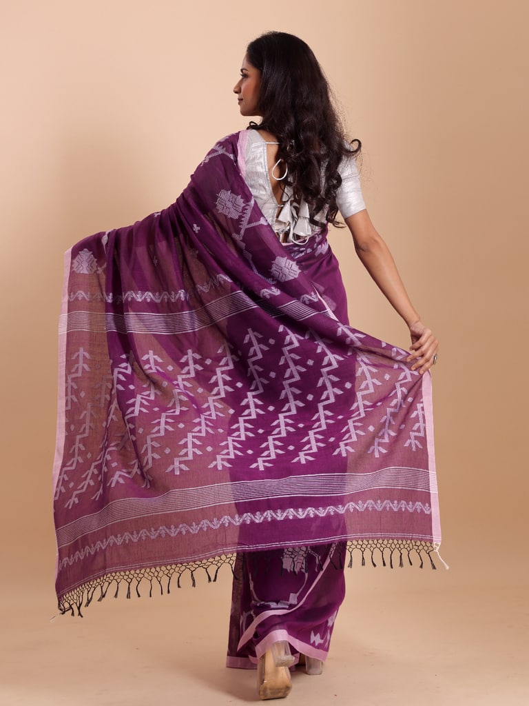Handloom Cotton Lata Jacquard Jamdani Saree - Purple Orcid