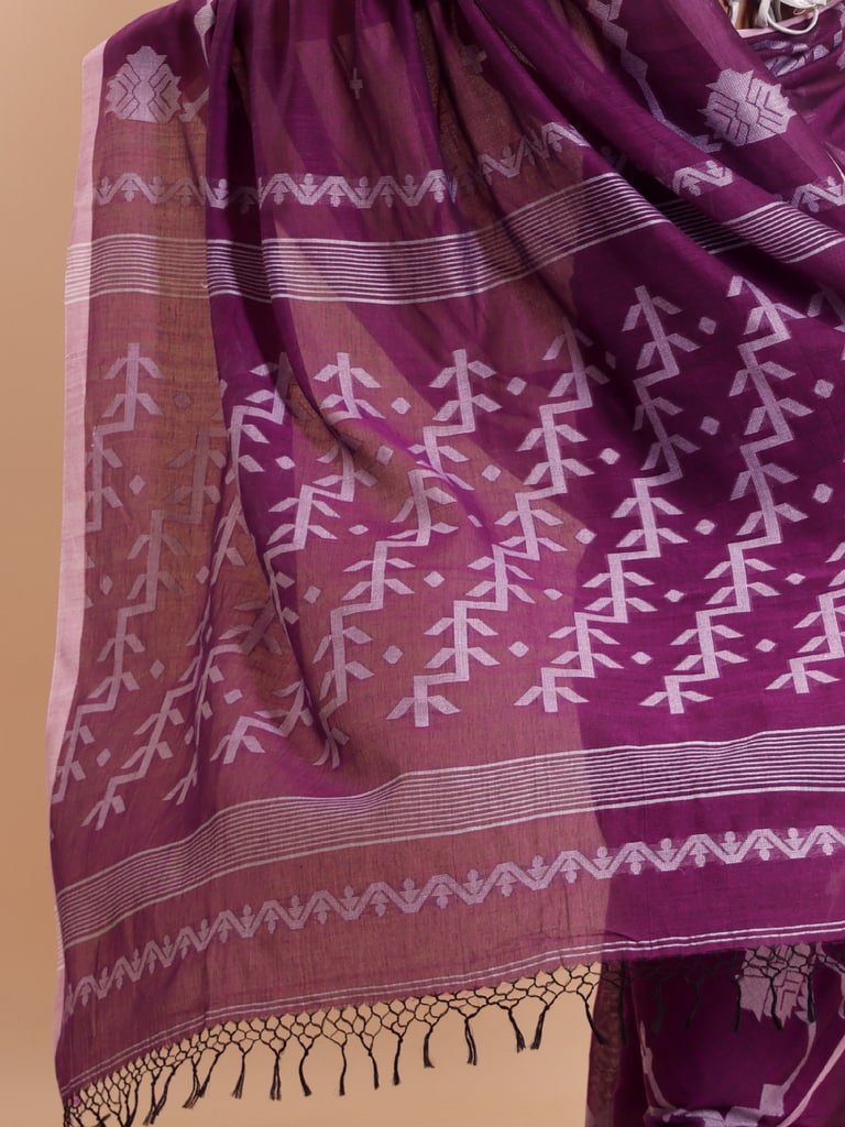 Handloom Cotton Lata Jacquard Jamdani Saree - Purple Orcid
