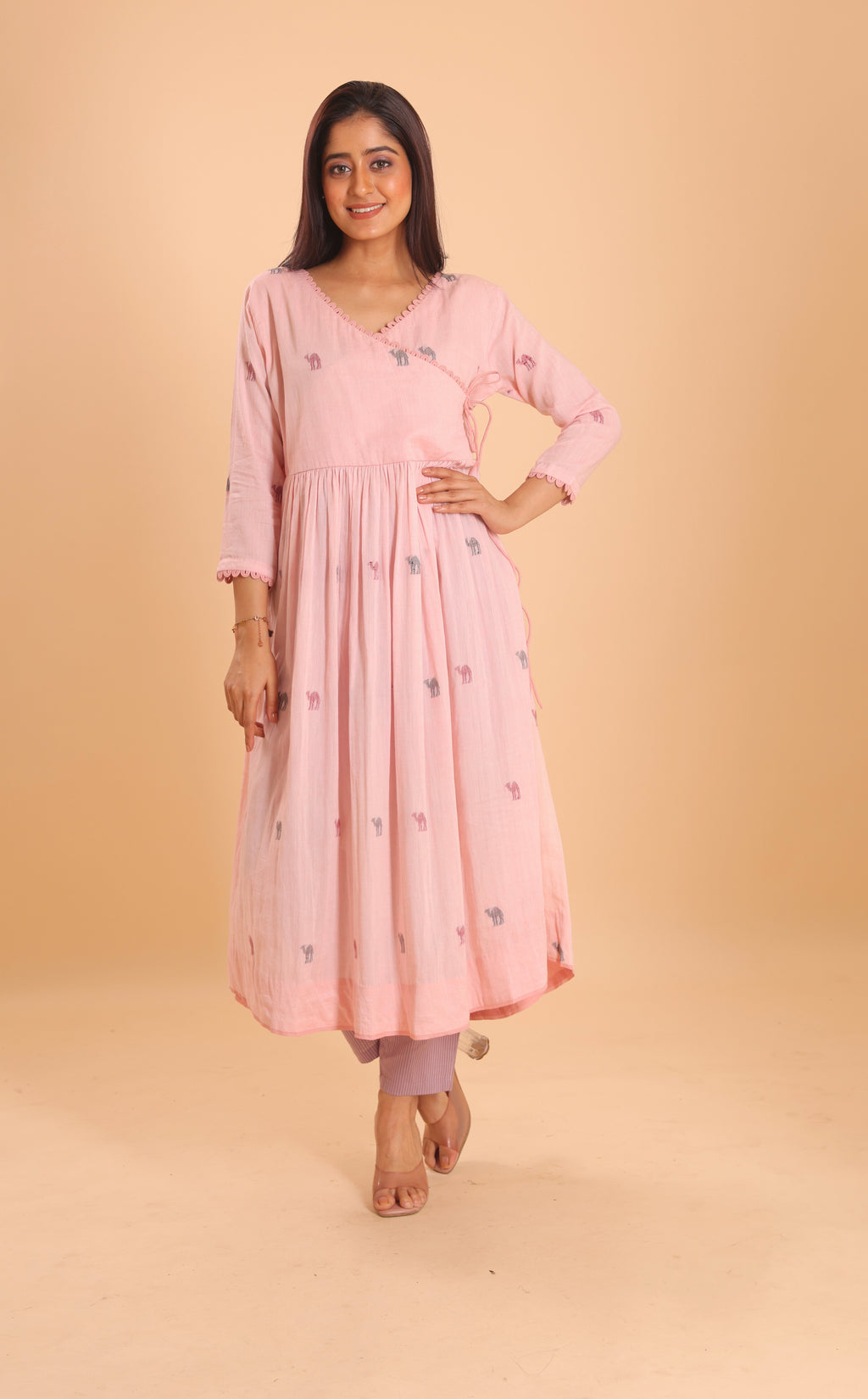 COTTON JAMDANI ANGRAKKHA KURTI- DUSTY PINK