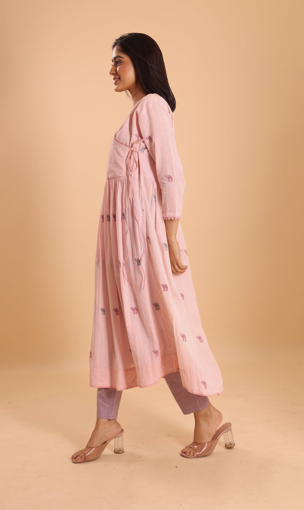COTTON JAMDANI ANGRAKKHA KURTI- DUSTY PINK