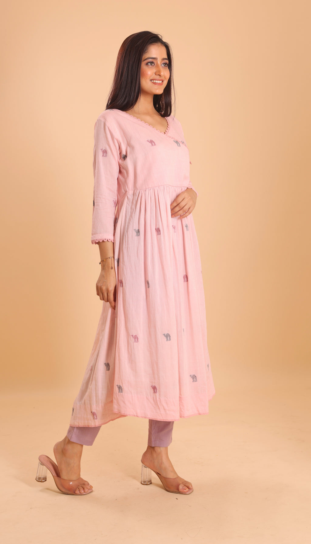 COTTON JAMDANI ANGRAKKHA KURTI- DUSTY PINK