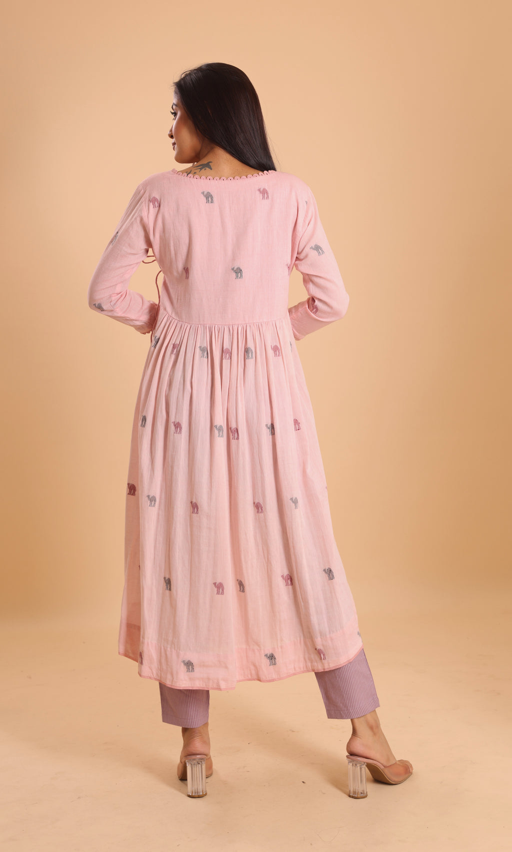 COTTON JAMDANI ANGRAKKHA KURTI- DUSTY PINK