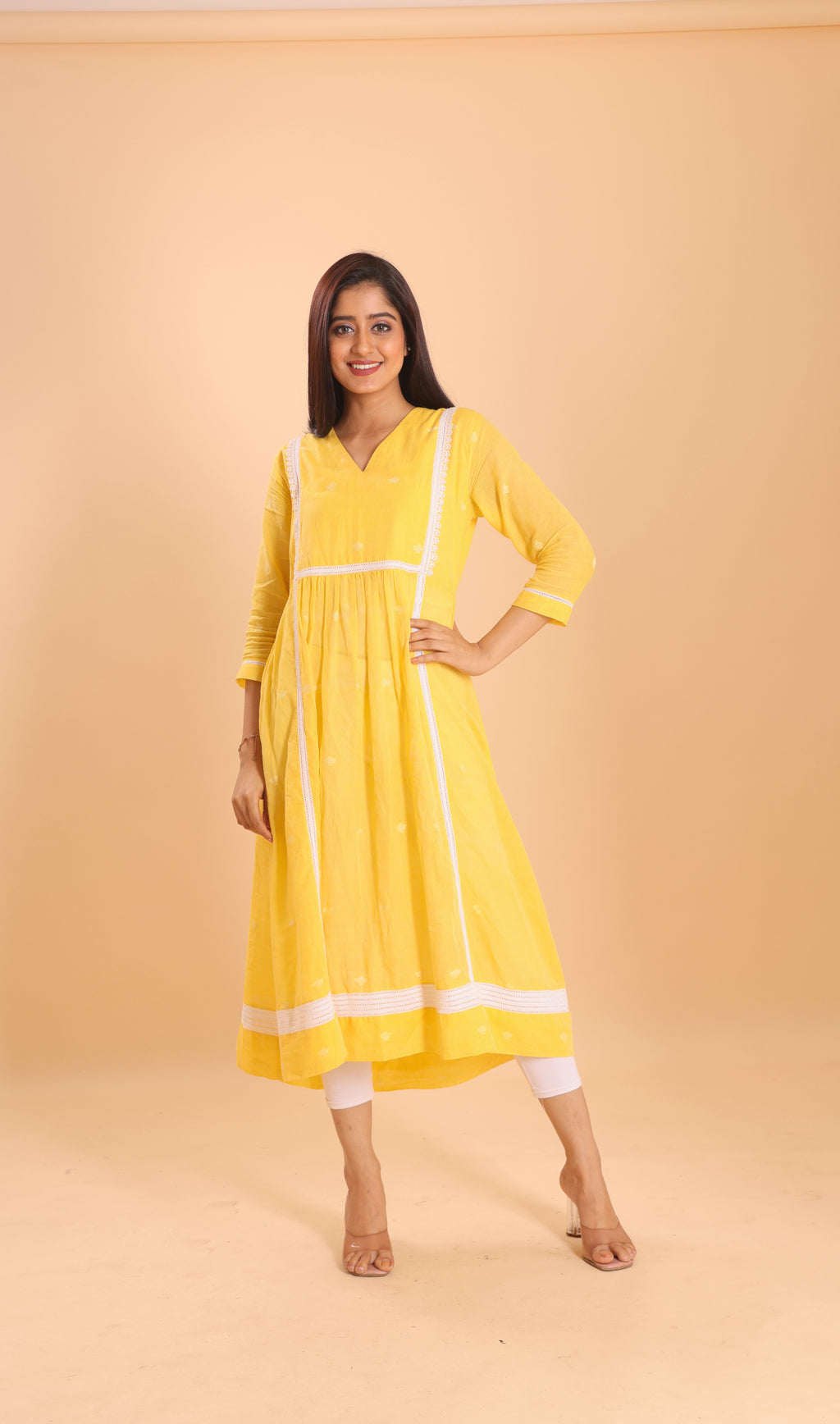 COTTON JAMDANI DRESS- YELLOW