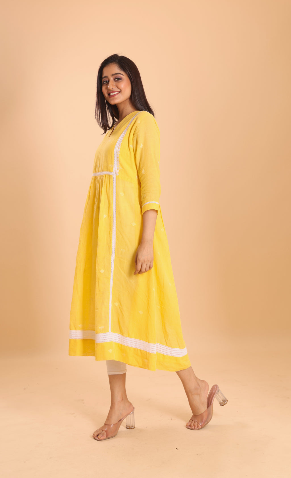 COTTON JAMDANI DRESS- YELLOW