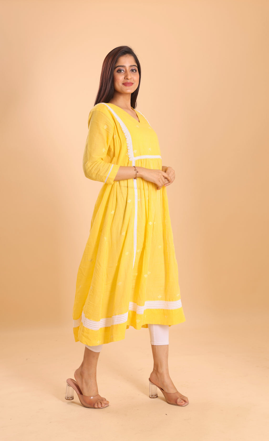 COTTON JAMDANI DRESS- YELLOW