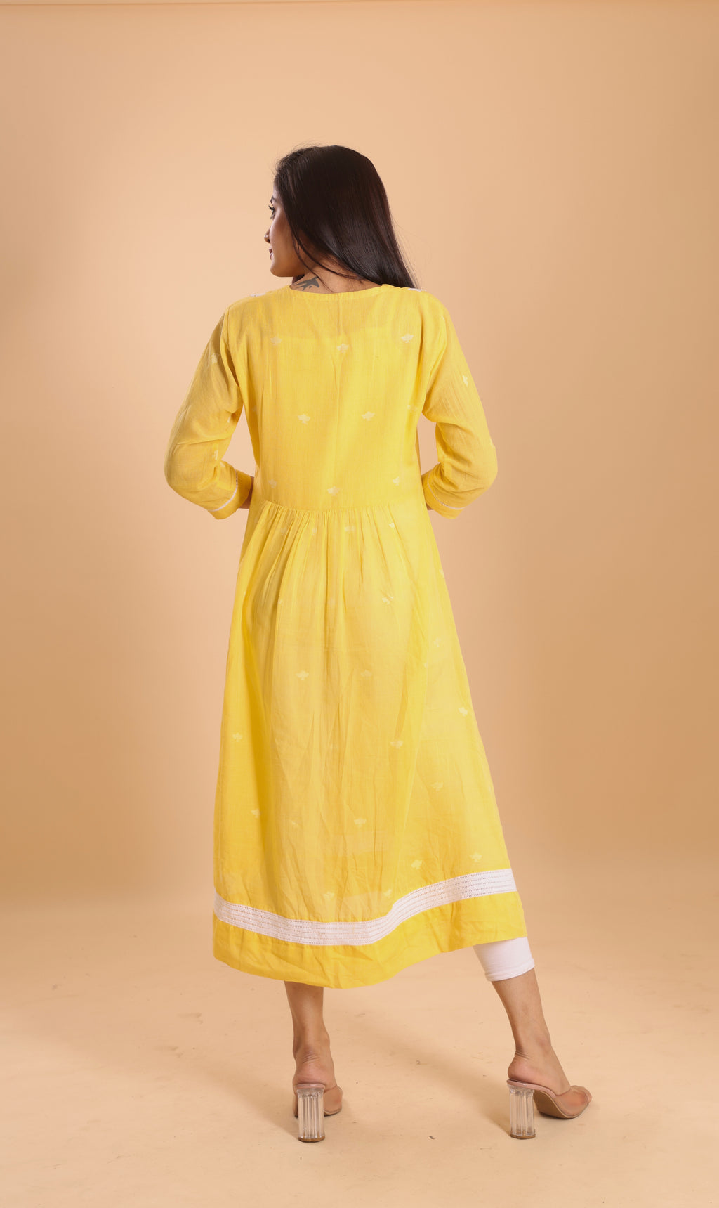 COTTON JAMDANI DRESS- YELLOW
