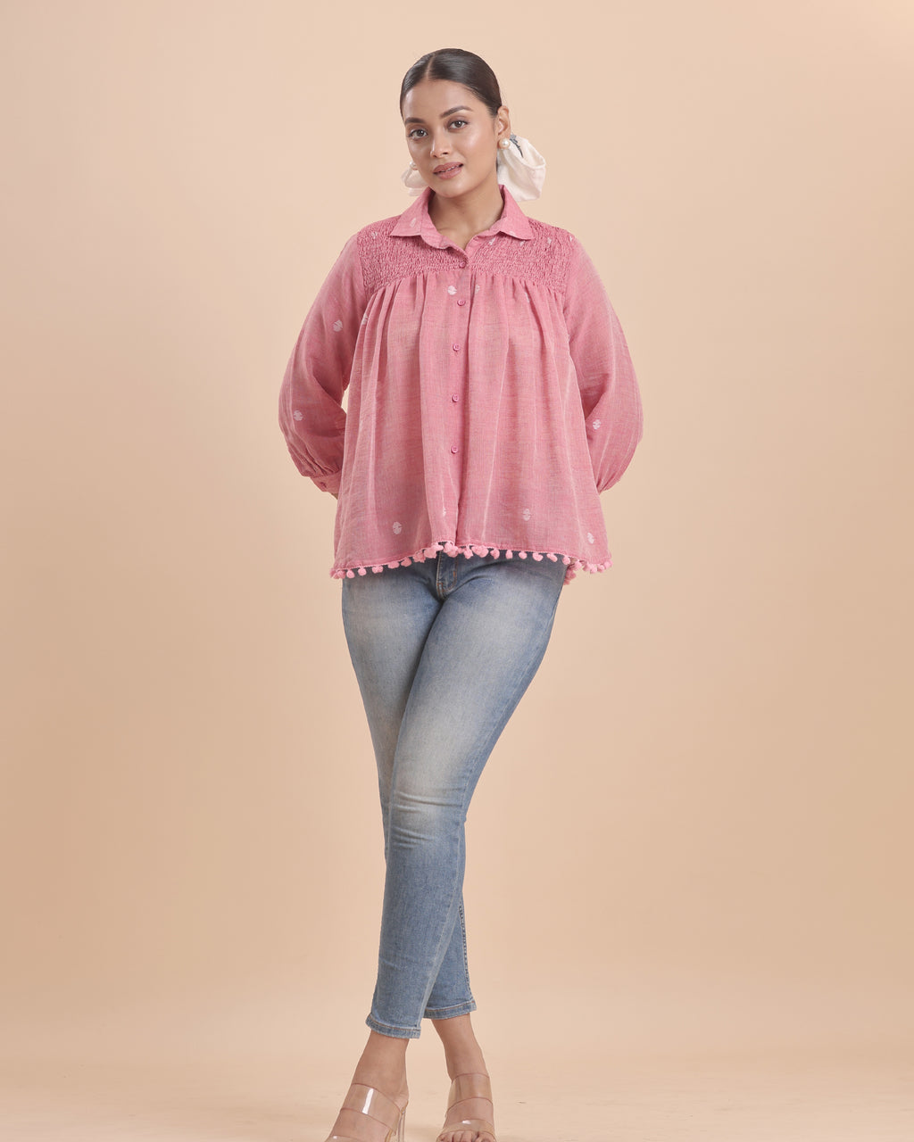 WOMEN COTTON JAMDANI SHIRRED SHIRT -STRAWBERRY