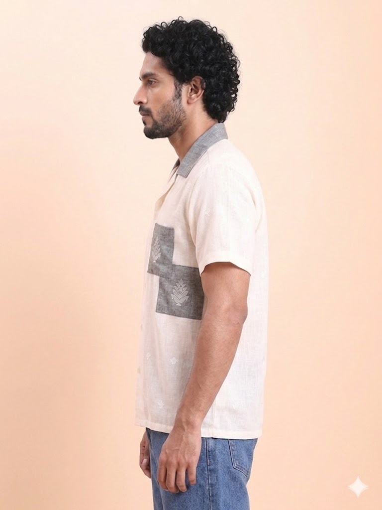 BLOUSON MEN'S JAMDANI SHIRT- WHITE AND GREY