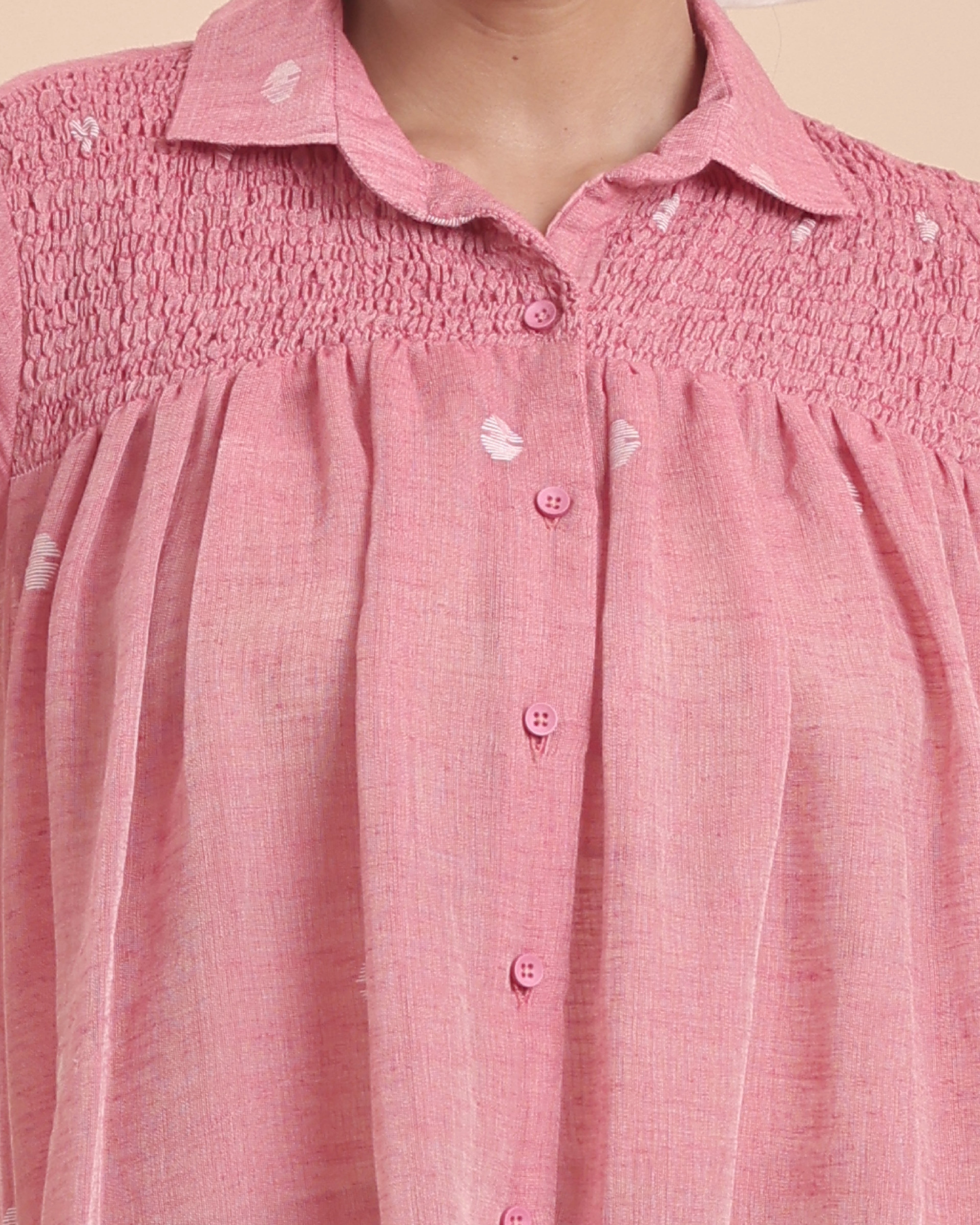 WOMEN COTTON JAMDANI SHIRRED SHIRT -STRAWBERRY