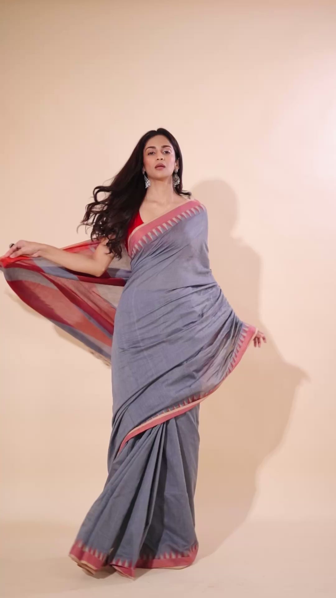 Handloom Cotton Dat Par Saree - Grey