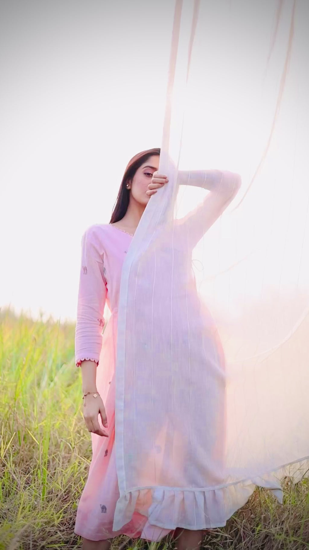 COTTON JAMDANI ANGRAKKHA KURTI- DUSTY PINK