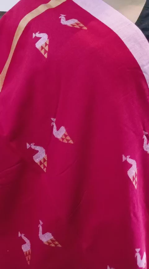 Handloom Cotton Mayur Jamdani Saree - Red