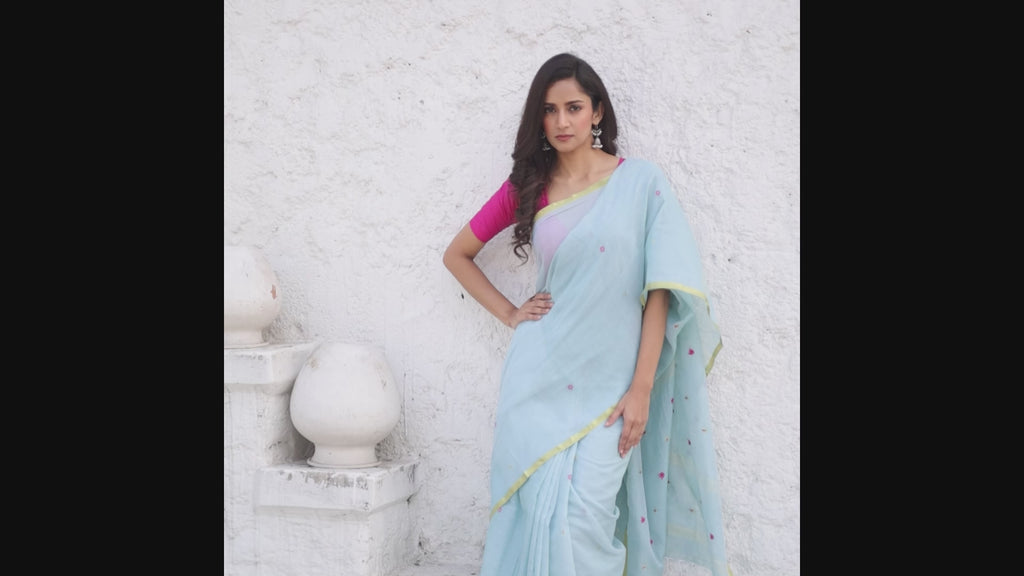 Handloom Mina Buti Jamdani Saree - Aqua