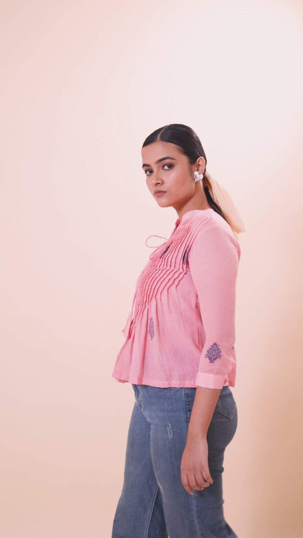 Blouson Women Cotton Jamdani Fit & Flare Top African Violet