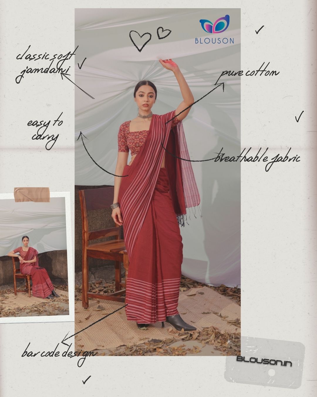 Handloom Cotton Barcode Saree - Maroon